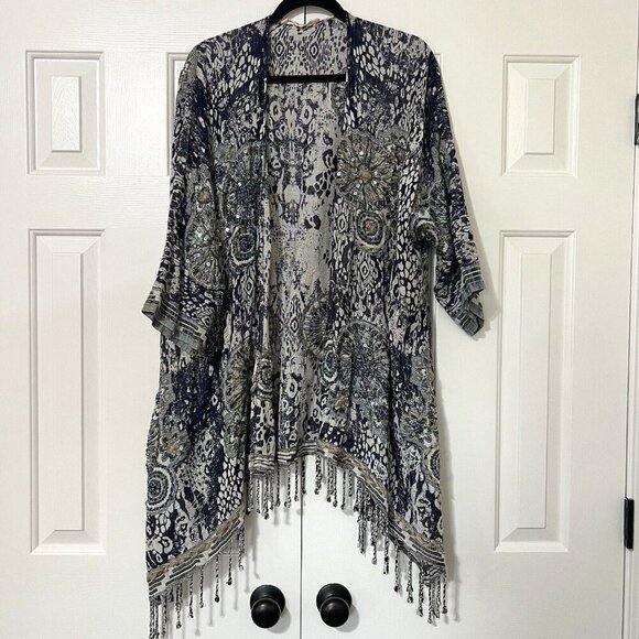 Soft Surroundings Emory Cardi Sequin Fringe Topper Jacket Cardigan L/XL Blue - Picture 1 of 10